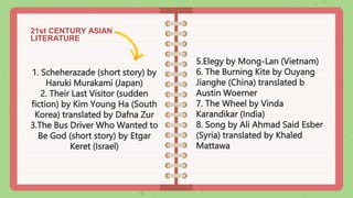 21st CENTURY ASIAN
LITERATURE
1. Scheherazade (short story) by
Haruki Murakami (Japan)
2. Their Last Visitor (sudden
fiction) by Kim Young Ha (South
Korea) translated by Dafna Zur
3.The Bus Driver Who Wanted to
Be God (short story) by Etgar
Keret (Israel)
5.Elegy by Mong-Lan (Vietnam)
6. The Burning Kite by Ouyang
Jianghe (China) translated b
Austin Woerner
7. The Wheel by Vinda
Karandikar (India)
8. Song by Ali Ahmad Said Esber
(Syria) translated by Khaled
Mattawa
 