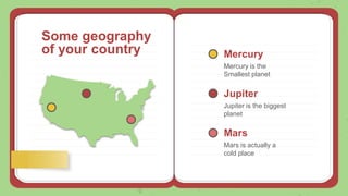 Some geography
of your country Mercury
Mercury is the
Smallest planet
Mars
Mars is actually a
cold place
Jupiter
Jupiter is the biggest
planet
 