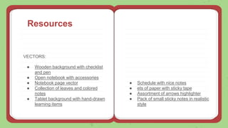 Resources
VECTORS:
● Wooden background with checklist
and pen
● Open notebook with accessories
● Notebook page vector
● Collection of leaves and colored
notes
● Tablet background with hand-drawn
learning items
● Schedule with nice notes
● ets of paper with sticky tape
● Assortment of arrows highlighter
● Pack of small sticky notes in realistic
style
 