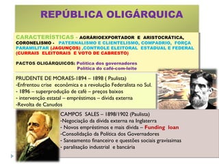 REPÚBLICA OLIGÁRQUICA
PRUDENTE DE MORAES-1894 – 1898 ( Paulista)
-Enfrentou crise econômica e a revolução Federalista no Sul.
- 1896 – superprodução de café – preços baixos
- intervenção estatal – empréstimos – dívida externa
-Revolta de Canudos
PRUDENTE DE MORAES-1894 – 1898 ( Paulista)
-Enfrentou crise econômica e a revolução Federalista no Sul.
- 1896 – superprodução de café – preços baixos
- intervenção estatal – empréstimos – dívida externa
-Revolta de Canudos
CARACTERÍSTICAS - AGRÁRIOEXPORTADOR E ARISTOCRÁTICA,
CORONELISMO - PATERNALISMO E CLIENTELISMO, COMPADRIO, FORÇA
PARAMILITAR (JAGUNÇOS) ,CONTROLE ELEITORAL ESTADUAL E FEDERAL
(CURRAIS ELEITORAIS E VOTO DE CABRESTO)
PACTOS OLIGÁRQUICOS: Política dos governadores
Política do café-com-leite
CARACTERÍSTICAS - AGRÁRIOEXPORTADOR E ARISTOCRÁTICA,
CORONELISMO - PATERNALISMO E CLIENTELISMO, COMPADRIO, FORÇA
PARAMILITAR (JAGUNÇOS) ,CONTROLE ELEITORAL ESTADUAL E FEDERAL
(CURRAIS ELEITORAIS E VOTO DE CABRESTO)
PACTOS OLIGÁRQUICOS: Política dos governadores
Política do café-com-leite
CAMPOS SALES – 1898/1902 (Paulista)
-Negociação da dívida externa na Inglaterra
- Novos empréstimos e mais dívida – Funding loan
-Consolidação da Política dos Governadores
- Saneamento financeiro e questões sociais gravíssimas
- paralisação industrial e bancária
CAMPOS SALES – 1898/1902 (Paulista)
-Negociação da dívida externa na Inglaterra
- Novos empréstimos e mais dívida – Funding loan
-Consolidação da Política dos Governadores
- Saneamento financeiro e questões sociais gravíssimas
- paralisação industrial e bancária
 