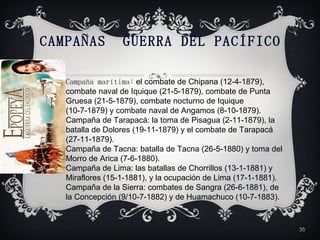 CAMPAÑAS  GUERRA DEL PACÍFICO Campaña marítima:  el combate de Chipana (12-4-1879), combate naval de Iquique (21-5-1879), ...
