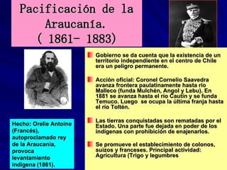 Pacificación de la Araucanía. ( 1861- 1883) <ul><li>Gobierno se da cuenta que la existencia de un territorio independiente...