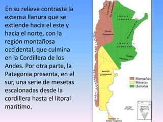 En su relieve contrasta la
extensa llanura que se
extiende hacia el este y
hacia el norte, con la
región montañosa
occidental, que culmina
en la Cordillera de los
Andes. Por otra parte, la
Patagonia presenta, en el
sur, una serie de mesetas
escalonadas desde la
cordillera hasta el litoral
marítimo.