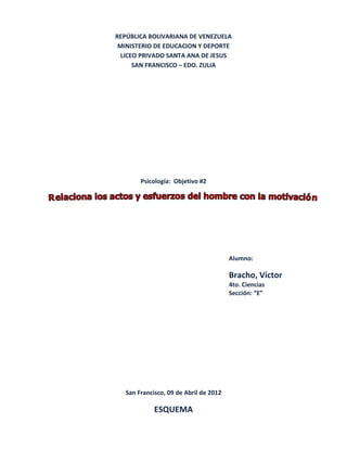 REPÚBLICA BOLIVARIANA DE VENEZUELA
 MINISTERIO DE EDUCACION Y DEPORTE
 LICEO PRIVADO SANTA ANA DE JESUS
     SAN FRANCISCO – EDO. ZULIA




        Psicología: Objetivo #2




                                        Alumno:

                                        Bracho, Víctor
                                        4to. Ciencias
                                        Sección: “E”




   San Francisco, 09 de Abril de 2012

             ESQUEMA
 