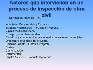 • Gerente de Proyecto (IPC)
Ingeniería, Construcción y Procura.
Estudios Preliminares → Puesta en Marcha.
Equipo multidisciplinario.
Evita proyecto Llave en Mano.
Coordinar y controlar el proyecto mediante acciones gerenciales.
Organizar secuencias del proyecto.
Relación Cliente – Gerente Proyecto.
Costos.
Comunicación.
Documentos.
Capital Activos → Producto Operando
 