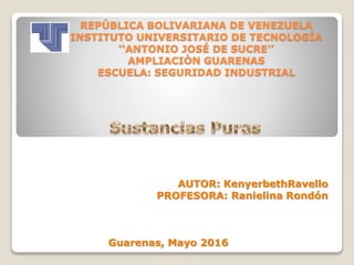 REPÚBLICA BOLIVARIANA DE VENEZUELA
INSTITUTO UNIVERSITARIO DE TECNOLOGÍA
‘‘ANTONIO JOSÉ DE SUCRE’’
AMPLIACIÒN GUARENAS
ESCUELA: SEGURIDAD INDUSTRIAL
AUTOR: KenyerbethRavello
PROFESORA: Ranielina Rondón
Guarenas, Mayo 2016
 