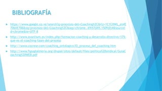 BIBLIOGRAFÍA
 https://www.google.co.ve/search?q=procesos+del+Coaching%2C&rlz=1C1CHWL_esVE
706VE706&oq=procesos+del+Coaching%2C&aqs=chrome..69i57j0l5.1509j0j4&sourcei
d=chrome&ie=UTF-8
 http://www.avantium.es/index.php/formacion-coaching-y-desarrollo-directivo/175-
que-es-el-coaching-fases-del-proceso
 http://www.cocrear.com/coaching_ontologico/El_proceso_del_coaching.htm
 http://www.fspugtalmeria.org/drupal/sites/default/files/politica%20sindical/GuiaC
oaching%20WEB.pdf
 
