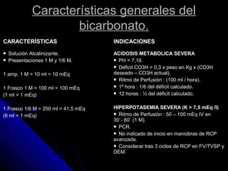 Características generales del
bicarbonato.
CARACTERÍSTICAS INDICACIONES
 Solución Alcalinizante.
 Presentaciones 1 M y 1/6 M.
1 amp. 1 M = 10 ml = 10 mEq
1 Frasco 1 M = 100 ml = 100 mEq
(1 ml = 1 mEq)
1 Frasco 1/6 M = 250 ml = 41,5 mEq
(6 ml = 1 mEq)
ACIDOSIS METABOLICA SEVERA
 PH < 7,10.
 Déficit CO3H = 0,3 x peso en Kg x (CO3H
deseado – CO3H actual).
 Ritmo de Perfusión : (100 ml / hora).
 1ª hora : 1/6 del déficit calculado.
 12 horas : ½ del déficit calculado.
HIPERPOTASEMIA SEVERA (K > 7,5 mEq /l)
 Ritmo de Perfusión : 50 – 100 mEq IV en
30`- 60` (1 M).
 PCR.
 No indicado de inicio en maniobras de RCP
avanzada.
 Considerar tras 3 ciclos de RCP en FV/TVSP y
DEM.
 