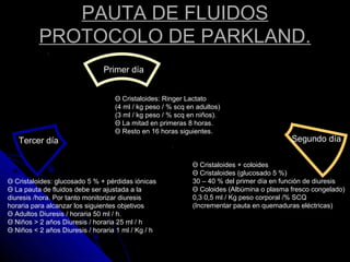 PAUTA DE FLUIDOS
PROTOCOLO DE PARKLAND.
Segundo día
Θ Cristaloides + coloides
Θ Cristaloides (glucosado 5 %)
30 – 40 % del primer día en función de diuresis
Θ Coloides (Albúmina o plasma fresco congelado)
0,3 0,5 ml / Kg peso corporal /% SCQ
(Incrementar pauta en quemaduras eléctricas)
Tercer día
Primer día
Θ Cristaloides: glucosado 5 % + pérdidas iónicas
Θ La pauta de fluidos debe ser ajustada a la
diuresis /hora. Por tanto monitorizar diuresis
horaria para alcanzar los siguientes objetivos
Θ Adultos Diuresis / horaria 50 ml / h.
Θ Niños > 2 años Diuresis / horaria 25 ml / h
Θ Niños < 2 años Diuresis / horaria 1 ml / Kg / h
Θ Cristaloides: Ringer Lactato
(4 ml / kg peso / % scq en adultos)
(3 ml / kg peso / % scq en niños).
Θ La mitad en primeras 8 horas.
Θ Resto en 16 horas siguientes.
 