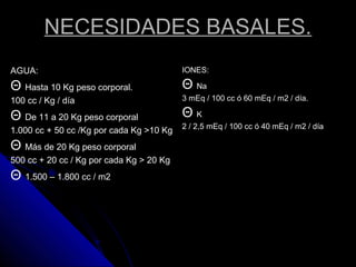 NECESIDADES BASALES.
AGUA:
Θ Hasta 10 Kg peso corporal.
100 cc / Kg / día
Θ De 11 a 20 Kg peso corporal
1.000 cc + 50 cc /Kg por cada Kg >10 Kg
Θ Más de 20 Kg peso corporal
500 cc + 20 cc / Kg por cada Kg > 20 Kg
Θ 1.500 – 1.800 cc / m2
IONES:
Θ Na
3 mEq / 100 cc ó 60 mEq / m2 / día.
Θ K
2 / 2,5 mEq / 100 cc ó 40 mEq / m2 / día
 