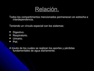Relación.
Todos los compartimentos mencionados permanecen en estrecha e
interdependencia.
Teniendo un vínculo especial con los sistemas:
 Digestivo.
 Respiratorio.
 Urinario.
 Piel.
A través de los cuales se realizan los aportes y pérdidas
fundamentales de agua diariamente.
 
