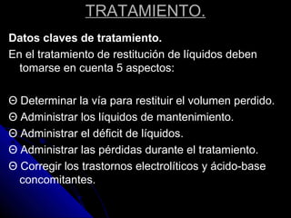 TRATAMIENTO.
Datos claves de tratamiento.
En el tratamiento de restitución de líquidos deben
tomarse en cuenta 5 aspectos:
Θ Determinar la vía para restituir el volumen perdido.
Θ Administrar los líquidos de mantenimiento.
Θ Administrar el déficit de líquidos.
Θ Administrar las pérdidas durante el tratamiento.
Θ Corregir los trastornos electrolíticos y ácido-base
concomitantes.
 