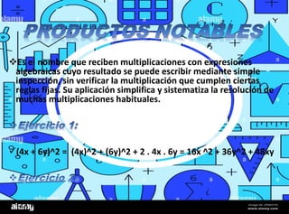 Es el nombre que reciben multiplicaciones con expresiones
algebraicas cuyo resultado se puede escribir mediante simple
inspección, sin verificar la multiplicación que cumplen ciertas
reglas fijas. Su aplicación simplifica y sistematiza la resolución de
muchas multiplicaciones habituales.
(4x + 6y)^2 = (4x)^2 + (6y)^2 + 2 . 4x . 6y = 16x ^2 + 36y^2 + 48xy
(2x + 5y)^2 = (2x)^2 + (5y)^2 + 2 . 2x . 5y = 4x^2 + 25 + 20xy
 