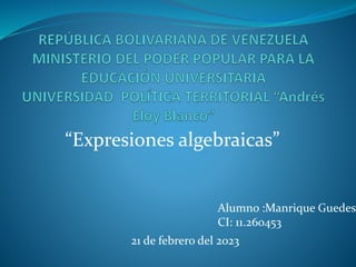 “Expresiones algebraicas”
Alumno :Manrique Guedes
CI: 11.260453
21 de febrero del 2023
 
