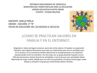 REPÚBLICA BOLIVARIANA DE VENEZUELAMINISTERIO DEL PODER POPULAR PARA LA EDUCACIÓNUNIDAD EDUCATIVA PUERTO ORDAZPUERTO – ESTADO BOLÍVAR DOCENTE: SHEILA PIRELA GRADO – SECCIÓN: 1º “A” FECHA DE EJECUCIÓN: DEL 25/10/2010 al 10/12/10  ¿COMO SE PRACTICAN VALORES EN FAMILIA Y EN EL ENTORNO?. Diagnostico: todos (as) logran conversar acerca de ciertos valores. El respeto, la cooperación Disciplina. pero algunos desconocen que estos son importantes para vivir en sociedad, pues  En la escuela y en la convivencia familiar determinan el comportamiento y las relaciones  Interpersonales entre los miembros. Por otro lado, son un grupo bastante inquieto y se les  Dificulta permanecer atentos durante las actividades a menos de que sean actividades lúdicas Mostrando así mayor interés, debido que son niños muy pequeños y les gusta mucho jugar, cantar Dibujar y compartir en grupo por corto tiempo labores sencillas .  