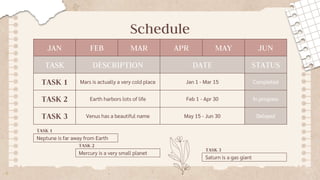 Schedule
JAN FEB MAR APR MAY JUN
TASK DESCRIPTION DATE STATUS
TASK 1 Mars is actually a very cold place Jan 1 - Mar 15 Com...
