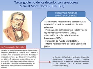 Tercer gobierno de los decenios conservadores:
Manuel Montt Torres (1851-1861)
- La intentona revolucionaria liberal de 1851
determinó el carácter autoritario de este
gobierno.
- Promulgación del Código Civil (1855) y de la
ley de Instrucción Primaria (1860).
- Fundación de la Escuela Normal de
Preceptoras (1854).
- Fundación de Puerto Montt (1853).
- Intento revolucionario de Pedro León Gallo
(1859).
PRINCIPALES ACCIONES
(OBRAS DE GOBIERNO)
La Cuestión del Sacristán
En 1855, el arzobispo de Santiago, Rafael Valentín
Valdivieso, expulsó a un sacristán de la Catedral. El
sacristán llevó el caso a los tribunales de justicia y
estos determinaron que debía ser reintegrado a
sus labores. El arzobispo, convencido de que la
justicia civil no tenía competencia en asuntos
eclesiásticos, recurrió al presidente Montt. Sin
embargo, el mandatario validó el fallo de la Corte
Suprema.
La Cuestión del Sacristán y la división del partido
Conservador, provoca que muchos
conservadores se alejen del gobierno uniéndose
a los liberales en la Fusión Liberal-
Conservadora(1860 ) .
 