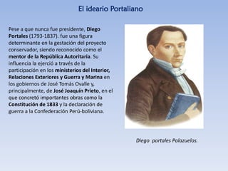 Pese a que nunca fue presidente, Diego
Portales (1793-1837). fue una figura
determinante en la gestación del proyecto
conservador, siendo reconocido como el
mentor de la República Autoritaria. Su
influencia la ejerció a través de la
participación en los ministerios del Interior,
Relaciones Exteriores y Guerra y Marina en
los gobiernos de José Tomás Ovalle y,
principalmente, de José Joaquín Prieto, en el
que concretó importantes obras como la
Constitución de 1833 y la declaración de
guerra a la Confederación Perú-boliviana.
El ideario Portaliano
Diego portales Palazuelos.
 