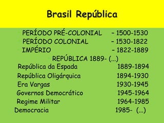  PERÍODO PRÉ-COLONIAL – 1500-1530
 PERÍODO COLONIAL – 1530-1822
 IMPÉRIO – 1822-1889
 REPÚBLICA 1889- (...)
República Oligárquica 1894-1930
Era Vargas 1930-1945
Governos Democrático 1945-1964
Regime Militar 1964-1985
Democracia 1985- (...)
República da Espada 1889-1894
 