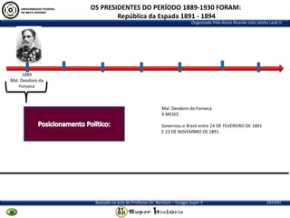 OS PRESIDENTES DO PERÍODO 1889-1930 FORAM:
República da Espada 1891 - 1894
Organizado Pelo Aluno Ricardo Julio Jatahy Laub Jr.

1889
Mal. Deodoro da
Fonseca

Mal. Deodoro da Fonseca
9 MESES
Governou o Brasil entre 24 DE FEVEREIRO DE 1891
E 23 DE NOVEMBRO DE 1891

Baseado na aula do Professor Dr. Renilson – Estágio Super II

2013/01

 