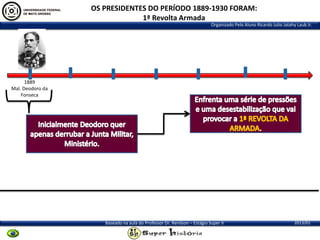 OS PRESIDENTES DO PERÍODO 1889-1930 FORAM:
1ª Revolta Armada
Organizado Pelo Aluno Ricardo Julio Jatahy Laub Jr.

1889
Mal. Deodoro da
Fonseca

Baseado na aula do Professor Dr. Renilson – Estágio Super II

2013/01

 