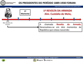 OS PRESIDENTES DO PERÍODO 1889-1930 FORAM:
Organizado Pelo Aluno Ricardo Julio Jatahy Laub Jr.

1º
Momento

1889
Mal. Deodoro da
Fonseca

1ª REVOLTA DA ARMADA
Alm. Custódio de Melo,

A chamada
Revolta da Armada.
Desenvolveu-se em dois momentos da
República que estava nascendo:

Baseado na aula do Professor Dr. Renilson – Estágio Super II

2013/01

 