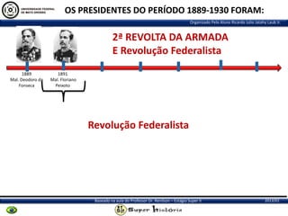 OS PRESIDENTES DO PERÍODO 1889-1930 FORAM:
Organizado Pelo Aluno Ricardo Julio Jatahy Laub Jr.

2ª REVOLTA DA ARMADA
E Revolução Federalista
1889
Mal. Deodoro da
Fonseca

1891
Mal. Floriano
Peixoto

Revolução Federalista

Baseado na aula do Professor Dr. Renilson – Estágio Super II

2013/01

 