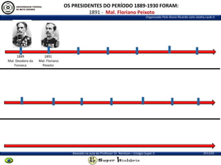 OS PRESIDENTES DO PERÍODO 1889-1930 FORAM:
1891 - Mal. Floriano Peixoto
Organizado Pelo Aluno Ricardo Julio Jatahy Laub Jr.

1889
Mal. Deodoro da
Fonseca

1891
Mal. Floriano
Peixoto

Baseado na aula do Professor Dr. Renilson – Estágio Super II

2013/01

 