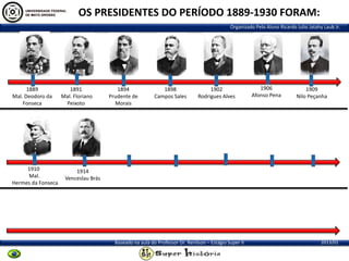 OS PRESIDENTES DO PERÍODO 1889-1930 FORAM:
Organizado Pelo Aluno Ricardo Julio Jatahy Laub Jr.

1889
Mal. Deodoro da
Fonseca

1910
Mal.
Hermes da Fonseca

1891
Mal. Floriano
Peixoto

1894
Prudente de
Morais

1898
Campos Sales

1902
Rodrigues Alves

1906
Afonso Pena

1909
Nilo Peçanha

1914
Venceslau Brás

Baseado na aula do Professor Dr. Renilson – Estágio Super II

2013/01

 