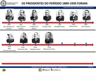 OS PRESIDENTES DO PERÍODO 1889-1930 FORAM:
Organizado Pelo Aluno Ricardo Julio Jatahy Laub Jr.

1889
Mal. Deodoro da
Fonseca

1910
Mal.
Hermes da Fonseca

1891
Mal. Floriano
Peixoto

1914
Venceslau Brás

1894
Prudente de
Morais

1918
Rodrigues Alves

1898
Campos Sales

1902
Rodrigues Alves

1906
Afonso Pena

1909
Nilo Peçanha

1918
Moreira da Costa

Baseado na aula do Professor Dr. Renilson – Estágio Super II

2013/01

 
