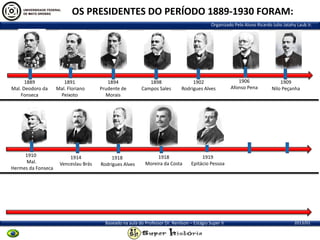 OS PRESIDENTES DO PERÍODO 1889-1930 FORAM:
Organizado Pelo Aluno Ricardo Julio Jatahy Laub Jr.

1889
Mal. Deodoro da
Fonseca

1910
Mal.
Hermes da Fonseca

1891
Mal. Floriano
Peixoto

1914
Venceslau Brás

1894
Prudente de
Morais

1918
Rodrigues Alves

1898
Campos Sales

1902
Rodrigues Alves

1918
Moreira da Costa

1906
Afonso Pena

1909
Nilo Peçanha

1919
Epitácio Pessoa

Baseado na aula do Professor Dr. Renilson – Estágio Super II

2013/01

 
