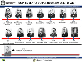 OS PRESIDENTES DO PERÍODO 1889-1930 FORAM:
Organizado Pelo Aluno Ricardo Julio Jatahy Laub Jr.

1889
Mal. Deodoro da
Fonseca

1910
Mal.
Hermes da Fonseca

1891
Mal. Floriano
Peixoto

1914
Venceslau Brás

1894
Prudente de
Morais

1918
Rodrigues Alves

1898
Campos Sales

1902
Rodrigues Alves

1918
Moreira da Costa

1919
Epitácio Pessoa

1906
Afonso Pena

1909
Nilo Peçanha

1922
1926
Artur Bernardes Washington Luís

1930
Júlio Prestes de Albuquerque

Baseado na aula do Professor Dr. Renilson – Estágio Super II

2013/01

 