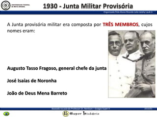 Organizado Pelo Aluno Ricardo Julio Jatahy Laub Jr.

A Junta provisória militar era composta por TRÊS MEMBROS, cujos
nomes eram:

Augusto Tasso Fragoso, general chefe da junta
José Isaías de Noronha
João de Deus Mena Barreto
Baseado na aula do Professor Dr. Renilson – Estágio Super II

2013/01

 