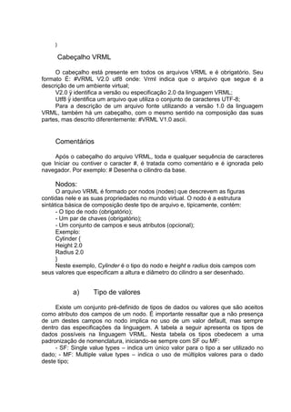 }

Cabeçalho VRML
O cabeçalho está presente em todos os arquivos VRML e é obrigatório. Seu
formato É: #VRML V2.0 utf8 onde: Vrml indica que o arquivo que segue é a
descrição de um ambiente virtual;
V2.0 ÿ identifica a versão ou especificação 2.0 da linguagem VRML;
Utf8 ÿ identifica um arquivo que utiliza o conjunto de caracteres UTF-8;
Para a descrição de um arquivo fonte utilizando a versão 1.0 da linguagem
VRML, também há um cabeçalho, com o mesmo sentido na composição das suas
partes, mas descrito diferentemente: #VRML V1.0 ascii.

Comentários
Após o cabeçalho do arquivo VRML, toda e qualquer sequência de caracteres
que Iniciar ou contiver o caracter #, é tratada como comentário e é ignorada pelo
navegador. Por exemplo: # Desenha o cilindro da base.

Nodos:
O arquivo VRML é formado por nodos (nodes) que descrevem as figuras
contidas nele e as suas propriedades no mundo virtual. O nodo é a estrutura
sintática básica de composição deste tipo de arquivo e, tipicamente, contém:
- O tipo de nodo (obrigatório);
- Um par de chaves (obrigatório);
- Um conjunto de campos e seus atributos (opcional);
Exemplo:
Cylinder {
Height 2.0
Radius 2.0
}
Neste exemplo, Cylinder é o tipo do nodo e height e radius dois campos com
seus valores que especificam a altura e diâmetro do cilindro a ser desenhado.

a)

Tipo de valores

Existe um conjunto pré-definido de tipos de dados ou valores que são aceitos
como atributo dos campos de um nodo. É importante ressaltar que a não presença
de um destes campos no nodo implica no uso de um valor default, mas sempre
dentro das especificações da linguagem. A tabela a seguir apresenta os tipos de
dados possíveis na linguagem VRML. Nesta tabela os tipos obedecem a uma
padronização de nomenclatura, iniciando-se sempre com SF ou MF:
- SF: Single value types – indica um único valor para o tipo a ser utilizado no
dado; - MF: Multiple value types – indica o uso de múltiplos valores para o dado
deste tipo;

 