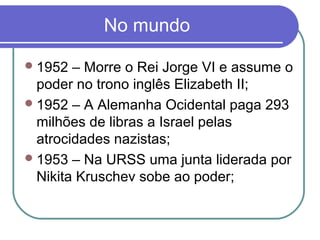 No mundo
1952 – Morre o Rei Jorge VI e assume o
poder no trono inglês Elizabeth II;
1952 – A Alemanha Ocidental paga 293
milhões de libras a Israel pelas
atrocidades nazistas;
1953 – Na URSS uma junta liderada por
Nikita Kruschev sobe ao poder;
 