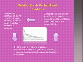 Distribución de Probabilidad 
Cuadrada 
Una variable 
cuadrada se define 
como la suma de n 
variables normales 
estandarizadas 
elevadas al 
cuadrado. 
A medida que aumenta el 
tamaño de la muestra la 
curva es menos asimétrica, 
aproximándose a una 
curva normal. 
El parámetro que caracteriza a una 
distribución x 2 son sus grados de libertad (n- 
1), originado una distribución para cada grado 
de libertad. 
 