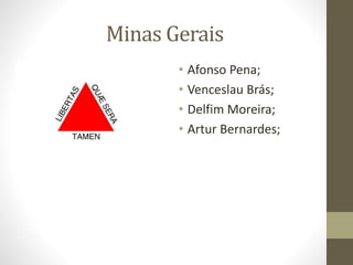 Minas Gerais
• Afonso Pena;
• Venceslau Brás;
• Delfim Moreira;
• Artur Bernardes;
 