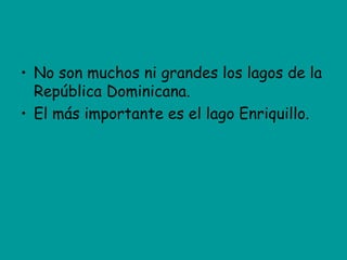 No son muchos ni grandes los lagos de la República Dominicana.  El más importante es el lago Enriquillo. 
