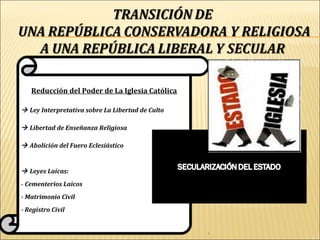 Reducción del Poder de La Iglesia Católica
 Ley Interpretativa sobre La Libertad de Culto
 Libertad de Enseñanza Religiosa
 Abolición del Fuero Eclesiástico
 Leyes Laicas:
- Cementerios Laicos
- Matrimonio Civil
- Registro Civil
 