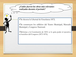 ¿Cuáles fueron las obras más relevantes
realizadas durante el período?
Se decreta la Libertad de Enseñanza 1872.
Se construyen los edificios del Teatro Municipal, Mercado
Municipal y Congreso Nacional.
Reformas a la Constitución de 1833: se le quita poder al ejecutivo,
en beneficio del Congreso (1873-1874).
 