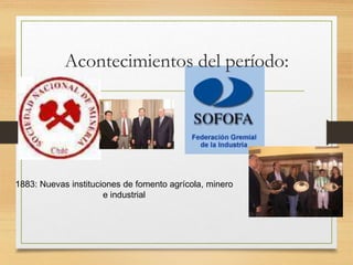 1883: Nuevas instituciones de fomento agrícola, minero
e industrial
Acontecimientos del período:
 
