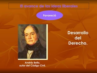 El avance de las ideas liberales Favoreció Desarrollo del Derecho. Andrés Bello, autor del Código Civil. 