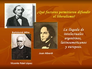 ¿Qué factores permitieron difundir  el liberalismo? La llegada de intelectuales argentinos,  latinoamericanos y europeos. Bartolomé Mitre Juan Alberdi Vicente Fidel López 