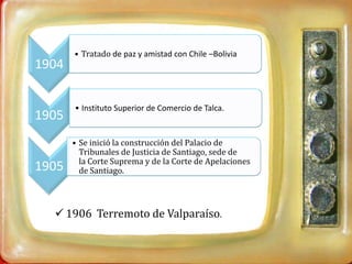 • Tratado de paz y amistad con Chile –Bolivia
1904

       • Instituto Superior de Comercio de Talca.
1905
       • Se inició la construcción del Palacio de
         Tribunales de Justicia de Santiago, sede de
         la Corte Suprema y de la Corte de Apelaciones
1905     de Santiago.



   1906 Terremoto de Valparaíso.
 