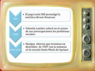 • El papa León XIII promulgó la
            encíclica Rerum Novarum
  1891


           • Valentín Letelier colocó en el centro
             de sus preocupaciones los problemas
  1906       sociales.


          • Huelgas obreras que terminan en
            diciembre de 1907 con la matanza
1900-1907   en la escuela Santa María de Iquique
 