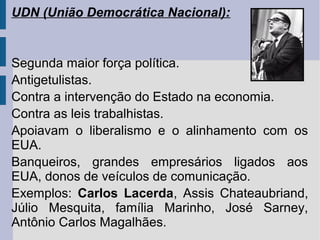 UDN (União Democrática Nacional):

Segunda maior força política.
Antigetulistas.
Contra a intervenção do Estado na economia.
Contra as leis trabalhistas.
Apoiavam o liberalismo e o alinhamento com os
EUA.
Banqueiros, grandes empresários ligados aos
EUA, donos de veículos de comunicação.
Exemplos: Carlos Lacerda, Assis Chateaubriand,
Júlio Mesquita, família Marinho, José Sarney,
Antônio Carlos Magalhães.

 