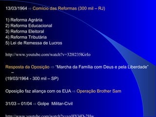 13/03/1964 ⇨ Comício das Reformas (300 mil – RJ)
1) Reforma Agrária
2) Reforma Educacional
3) Reforma Eleitoral
4) Reforma Tributária
5) Lei de Remessa de Lucros
http://www.youtube.com/watch?v=32H235KirIo
Resposta da Oposição ⇨ “Marcha da Família com Deus e pela Liberdade”
–
(19/03/1964 - 300 mil – SP)
Oposição faz aliança com os EUA ⇨ Operação Brother Sam
31/03 – 01/04 Golpe Militar-Civil⇨
 
