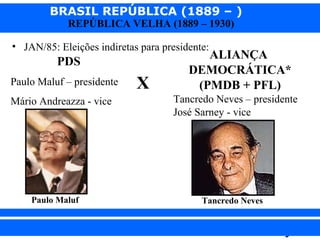 BRASIL REPÚBLICA (1889 – )
REPÚBLICA VELHA (1889 – 1930)

• JAN/85: Eleições indiretas para presidente:

PDS
Paulo Maluf – presidente
Mário Andreazza - vice

Paulo Maluf

iair@pop.com.br

X

ALIANÇA
DEMOCRÁTICA*
(PMDB + PFL)

Tancredo Neves – presidente
José Sarney - vice

Tancredo Neves

Prof. Iair

 