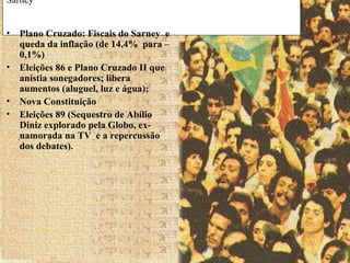 Sarney
•
•
•
•

BRASIL REPÚBLICA (1889 – )
REPÚBLICA VELHA (1889 – 1930)

Plano Cruzado: Fiscais do Sarney e
queda da inflação (de 14,4% para –
0,1%)
Eleições 86 e Plano Cruzado II que
anistia sonegadores; libera
aumentos (aluguel, luz e água);
Nova Constituição
Eleições 89 (Sequestro de Abílio
Diniz explorado pela Globo, exnamorada na TV e a repercussão
dos debates).

iair@pop.com.br

Prof. Iair

 