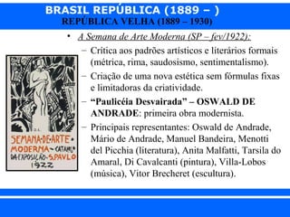 BRASIL REPÚBLICA (1889 – )
REPÚBLICA VELHA (1889 – 1930)

• A Semana de Arte Moderna (SP – fev/1922):
– Crítica aos padrões artísticos e literários formais
(métrica, rima, saudosismo, sentimentalismo).
– Criação de uma nova estética sem fórmulas fixas
e limitadoras da criatividade.
– “Paulicéia Desvairada” – OSWALD DE
ANDRADE: primeira obra modernista.
– Principais representantes: Oswald de Andrade,
Mário de Andrade, Manuel Bandeira, Menotti
del Picchia (literatura), Anita Malfatti, Tarsila do
Amaral, Di Cavalcanti (pintura), Villa-Lobos
(música), Vitor Brecheret (escultura).
iair@pop.com.br

Prof. Iair

 